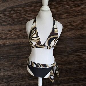👙 Elegant Brown Patterned Bikini Set Sz S 4/6